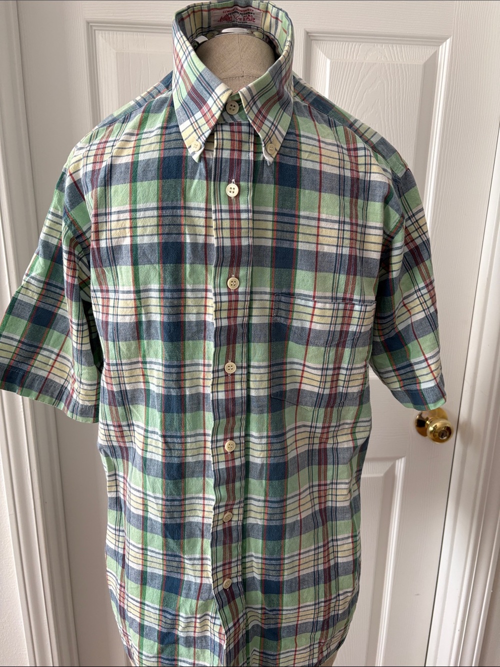 English Sport Shop Button-down Madras 100 percent cotton shirt.  See photos